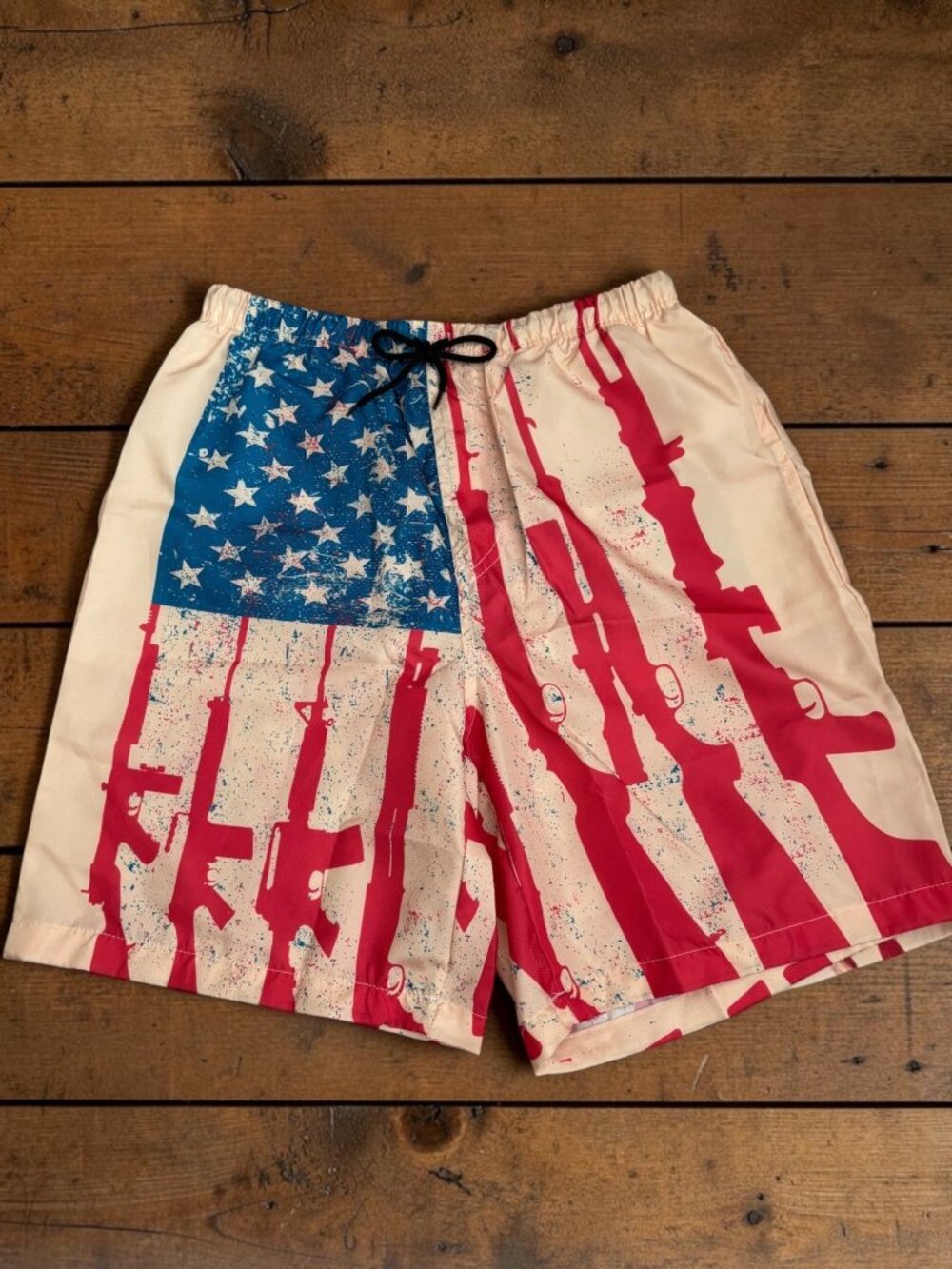 American Flag Swim Trunks With Rifle Graphic Elastic Waist Mesh Lining Lightweig